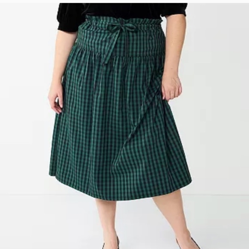 Draper James RSVP Green Black Paperbag Style Checkered A-Line Midi Skirt Size XL